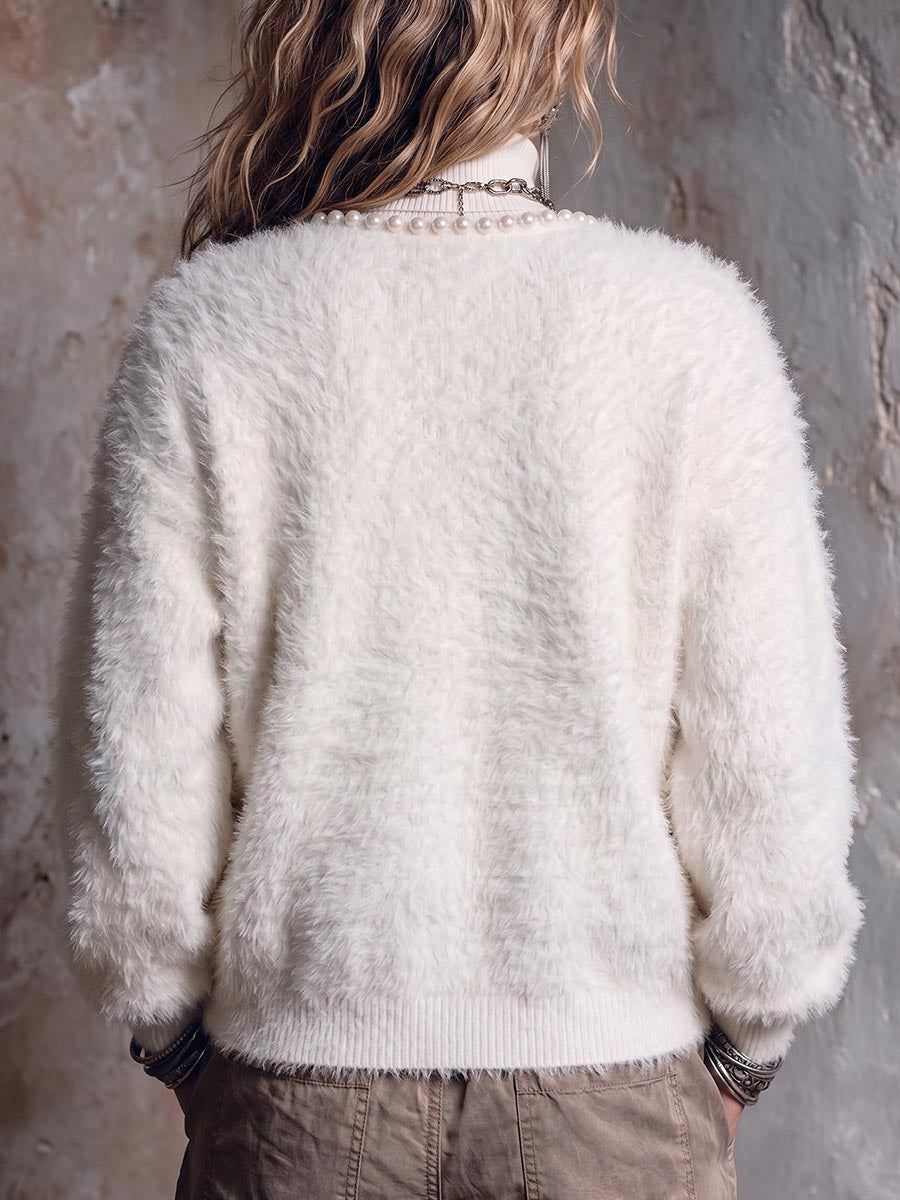New Arrival🔥 Women's Solid Color Round Neck Long Sleeve Beaded Casual Loose Knit Cardigan-halonarra