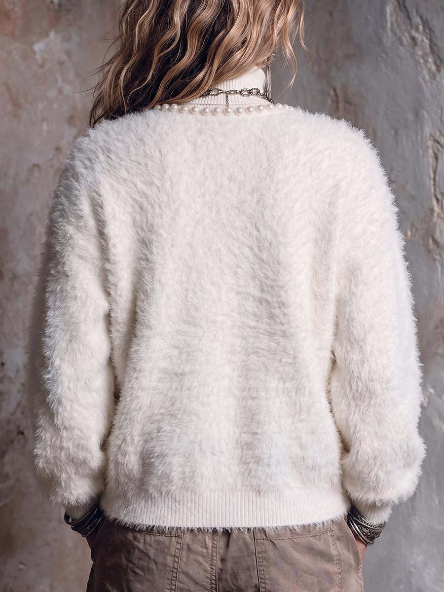 New Arrival🔥 Women's Solid Color Round Neck Long Sleeve Beaded Casual Loose Knit Cardigan-halonarra
