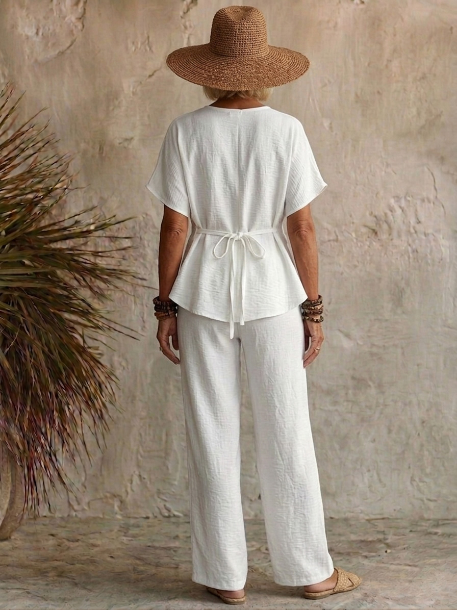 Comfortable Chiffon V-Neck Top with Metal Buttons Two-piece Set