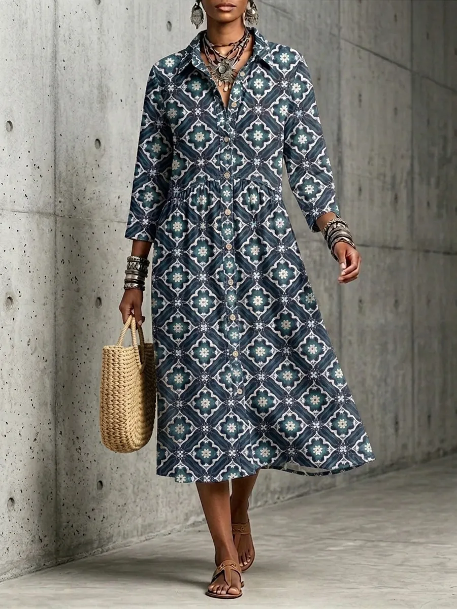 New Arrivals🔥 Mediterranean Bloom Print Midi Dress-halonarra