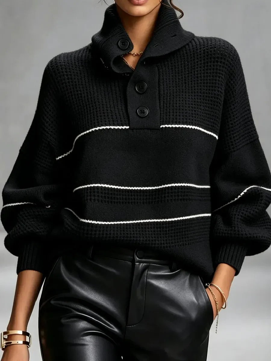 CLEARANCE SALE🔥 Cozy, Chic Knit Top With A Buttoned Stand Collar And Contrasting Stripes-simplysoftwear