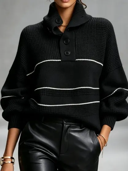 CLEARANCE SALE🔥 Cozy, Chic Knit Top With A Buttoned Stand Collar And Contrasting Stripes-simplysoftwear