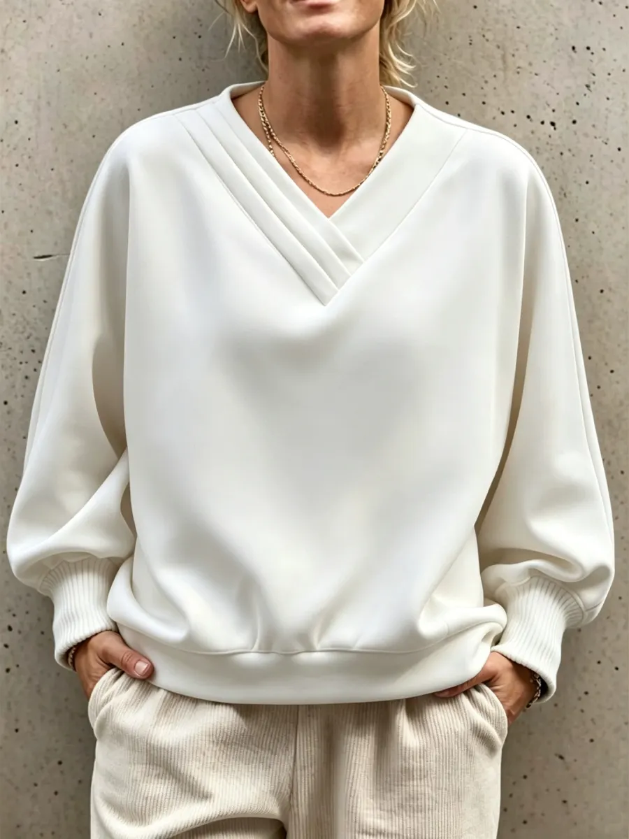 NEW ARRIVALS🔥 Pleated V-Neck Drop Shoulder Sweatshirt-halonarra