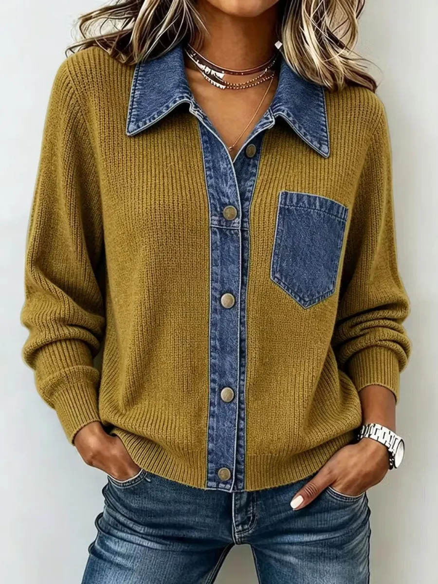 CLEARANCE SALE🔥 Women's Casual Denim Pocket Knit Tops-simplysoftwear