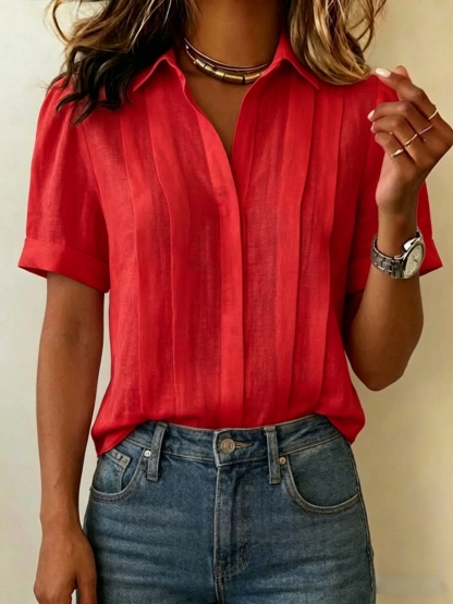 Clearance Sale🔥 Women's Lapel Short-sleeved Casual Loose Pleated Cotton And Linen Shirt