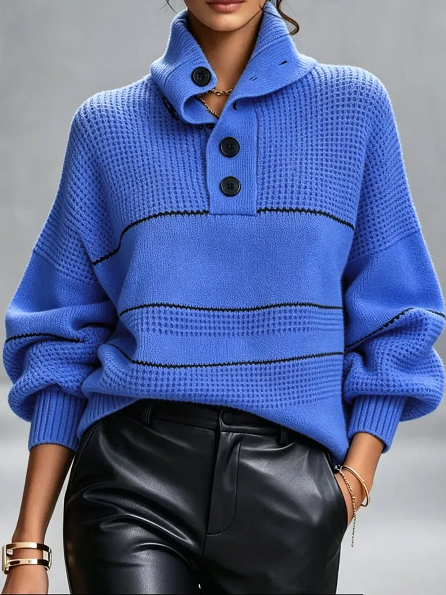 CLEARANCE SALE🔥 Cozy, Chic Knit Top With A Buttoned Stand Collar And Contrasting Stripes-simplysoftwear