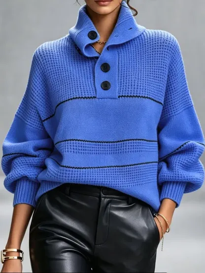 CLEARANCE SALE🔥 Cozy, Chic Knit Top With A Buttoned Stand Collar And Contrasting Stripes-simplysoftwear