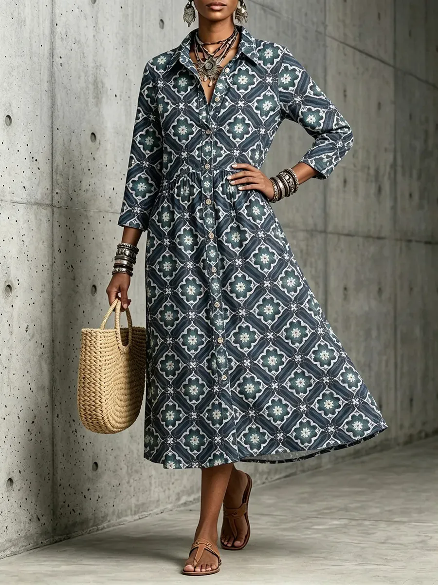 New Arrivals🔥 Mediterranean Bloom Print Midi Dress-halonarra