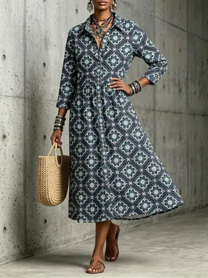 New Arrivals🔥 Mediterranean Bloom Print Midi Dress-halonarra