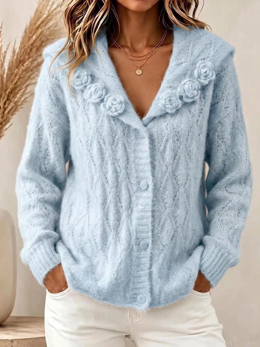 New Arrival 🔥Women's Solid Color Sailor Collar Long-sleeve Casual Loose Textured Crochet Knit Cardigan