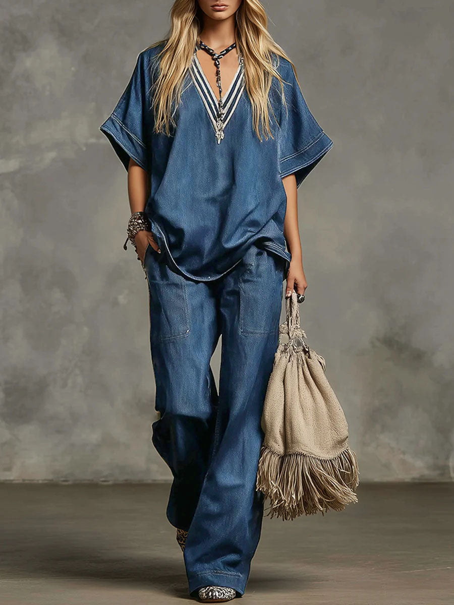 Women's V-neck Short-sleeved Casual Loose Top And High-waisted Casual Loose Wide-leg Denim Pants Set.