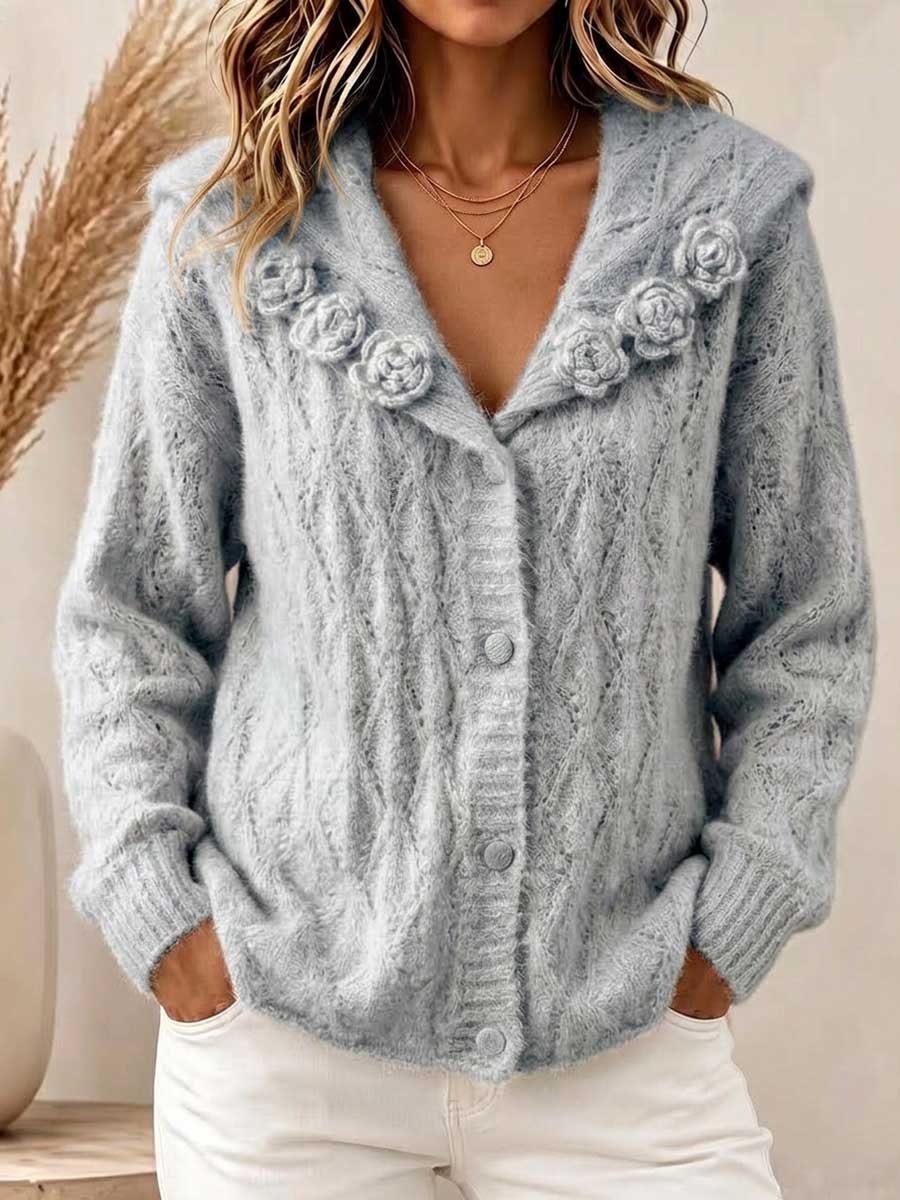 New Arrival 🔥Women's Solid Color Sailor Collar Long-sleeve Casual Loose Textured Crochet Knit Cardigan