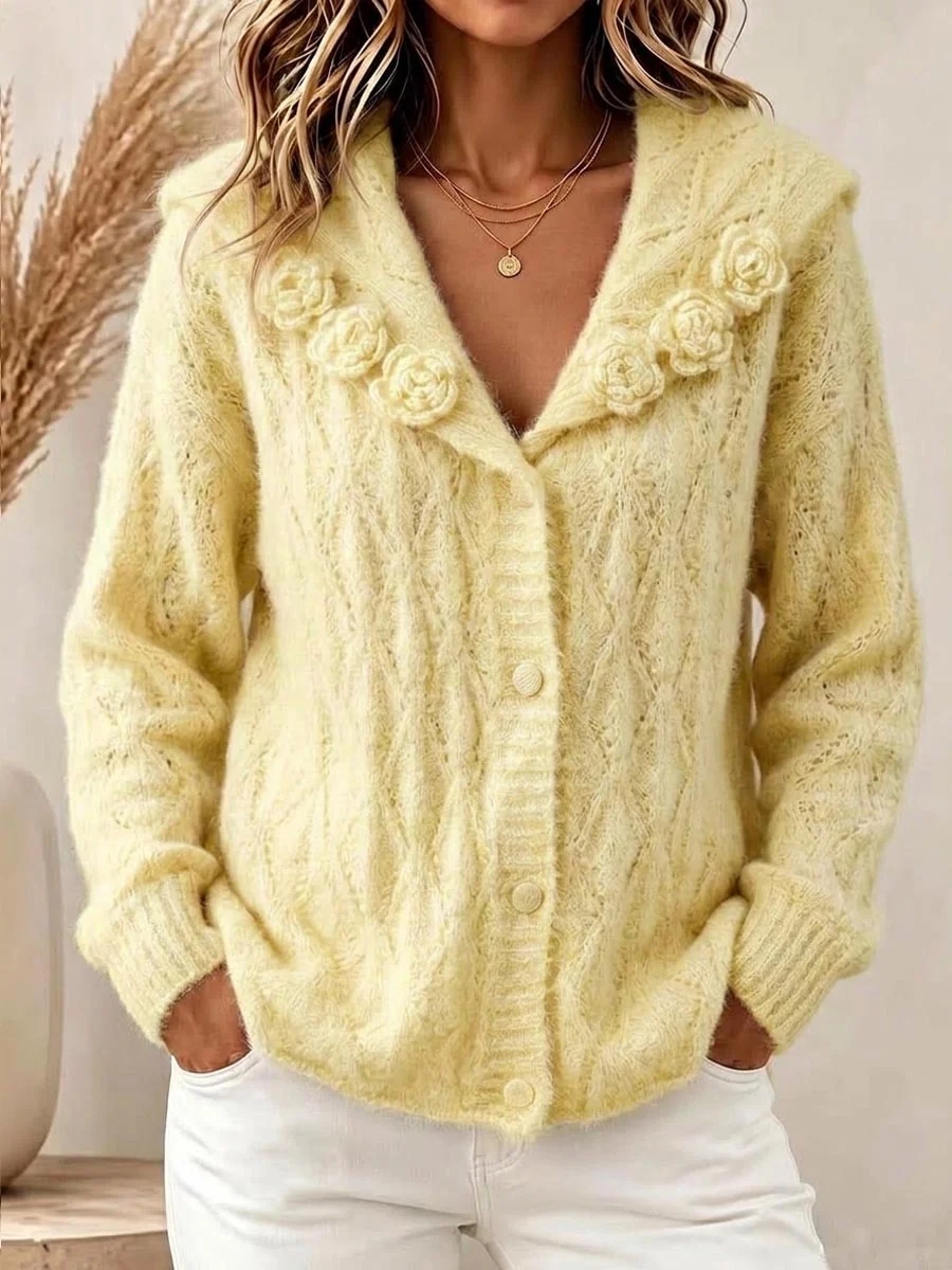 New Arrival 🔥Women's Solid Color Sailor Collar Long-sleeve Casual Loose Textured Crochet Knit Cardigan