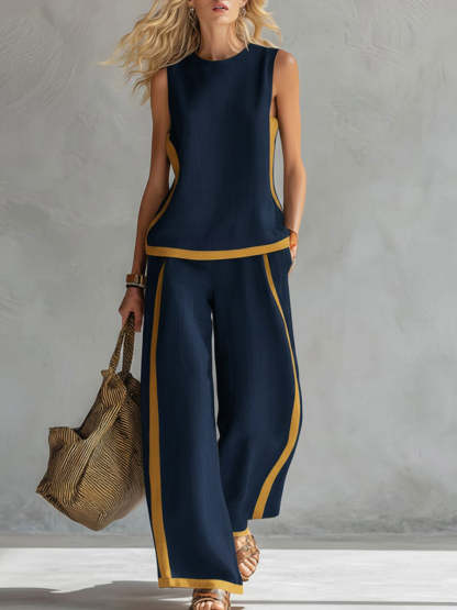 New Arrivals🔥 Women's Round Neck Sleeveless Casual Loose Top & Loose Wide-leg Pants Cotton and Linen Set