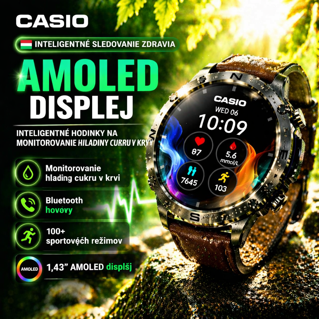 Inteligentné hodinky CASIO Style AMOLED – monitorovanie hladiny cukru v krvi, volanie cez Bluetooth, viac ako 100 športových režimov