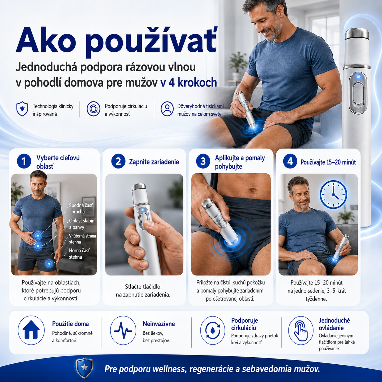 Pokročilá terapia akustickou rázovou vlnou obnovuje zdravie tkanív penisu, zvyšuje pevnosť erekcie, výdrž a sebavedomie mužov a zároveň zmierňuje bolesti svalov, stuhnutosť kĺbov a bolesti šliach.