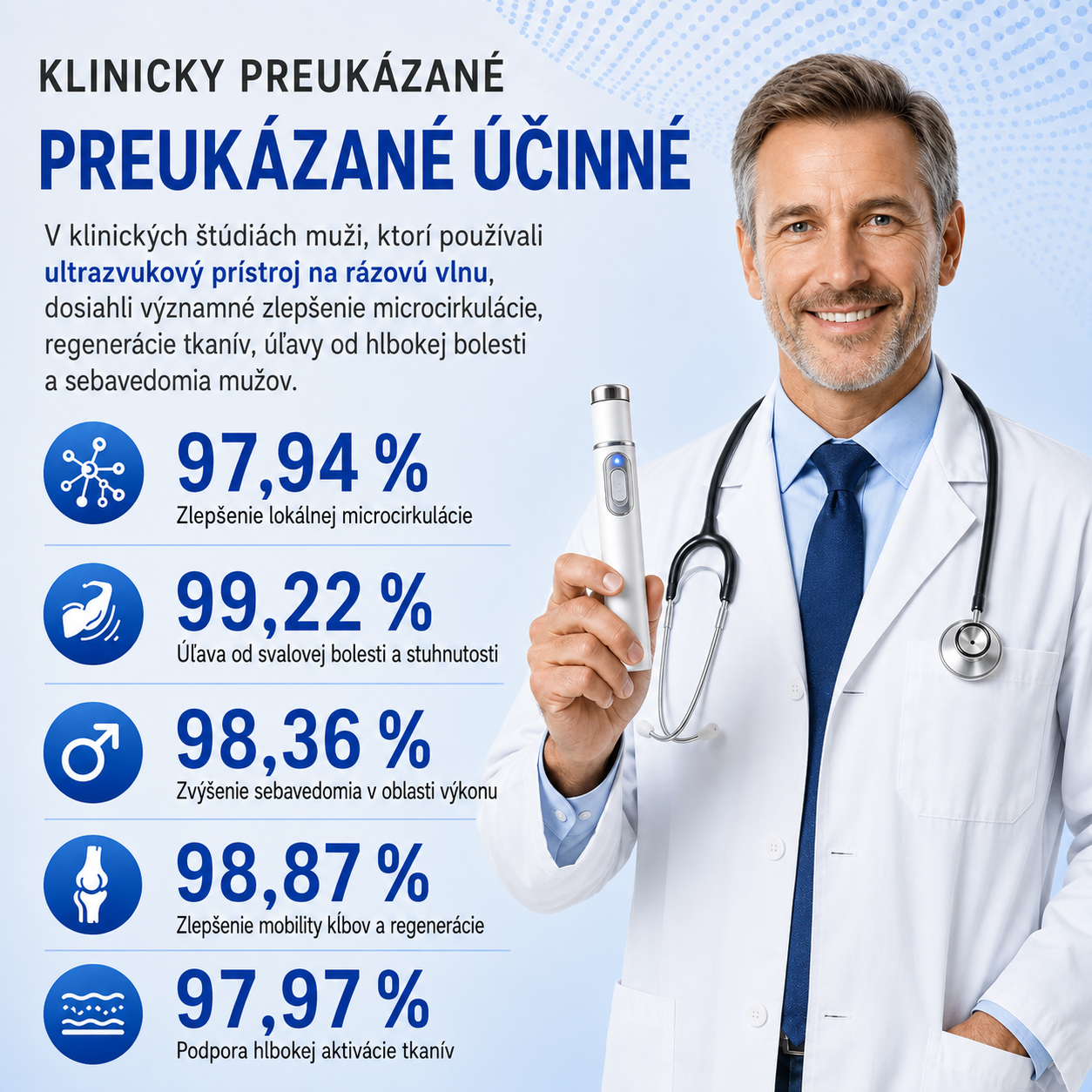Pokročilá terapia akustickou rázovou vlnou obnovuje zdravie tkanív penisu, zvyšuje pevnosť erekcie, výdrž a sebavedomie mužov a zároveň zmierňuje bolesti svalov, stuhnutosť kĺbov a bolesti šliach.