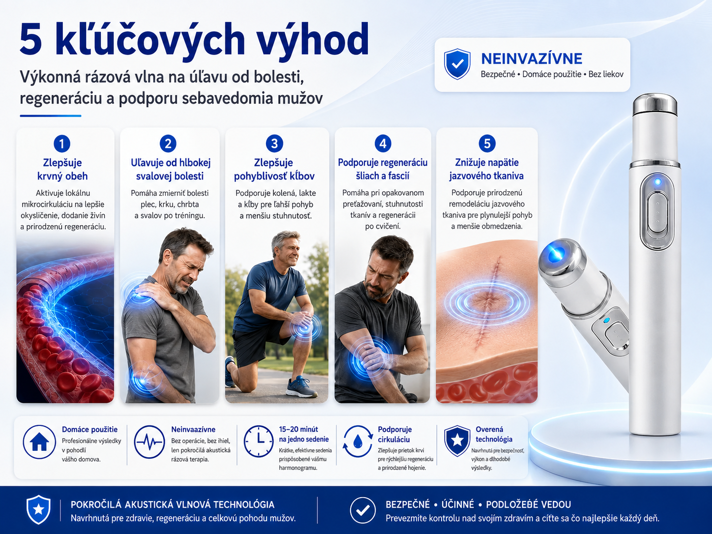Pokročilá terapia akustickou rázovou vlnou obnovuje zdravie tkanív penisu, zvyšuje pevnosť erekcie, výdrž a sebavedomie mužov a zároveň zmierňuje bolesti svalov, stuhnutosť kĺbov a bolesti šliach.