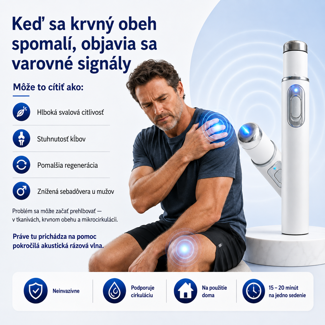Pokročilá terapia akustickou rázovou vlnou obnovuje zdravie tkanív penisu, zvyšuje pevnosť erekcie, výdrž a sebavedomie mužov a zároveň zmierňuje bolesti svalov, stuhnutosť kĺbov a bolesti šliach.