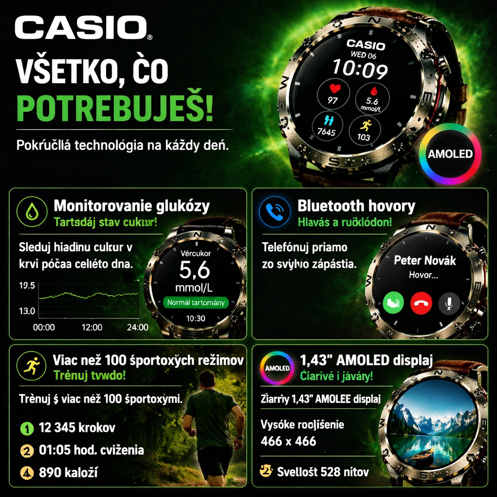 Inteligentné hodinky CASIO Style AMOLED – monitorovanie hladiny cukru v krvi, volanie cez Bluetooth, viac ako 100 športových režimov