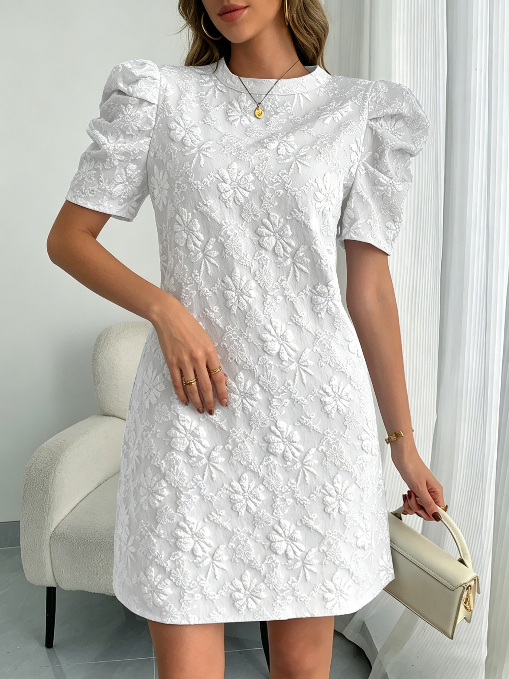 Women's Casual Puff Sleeve Textured Jacquard Dress