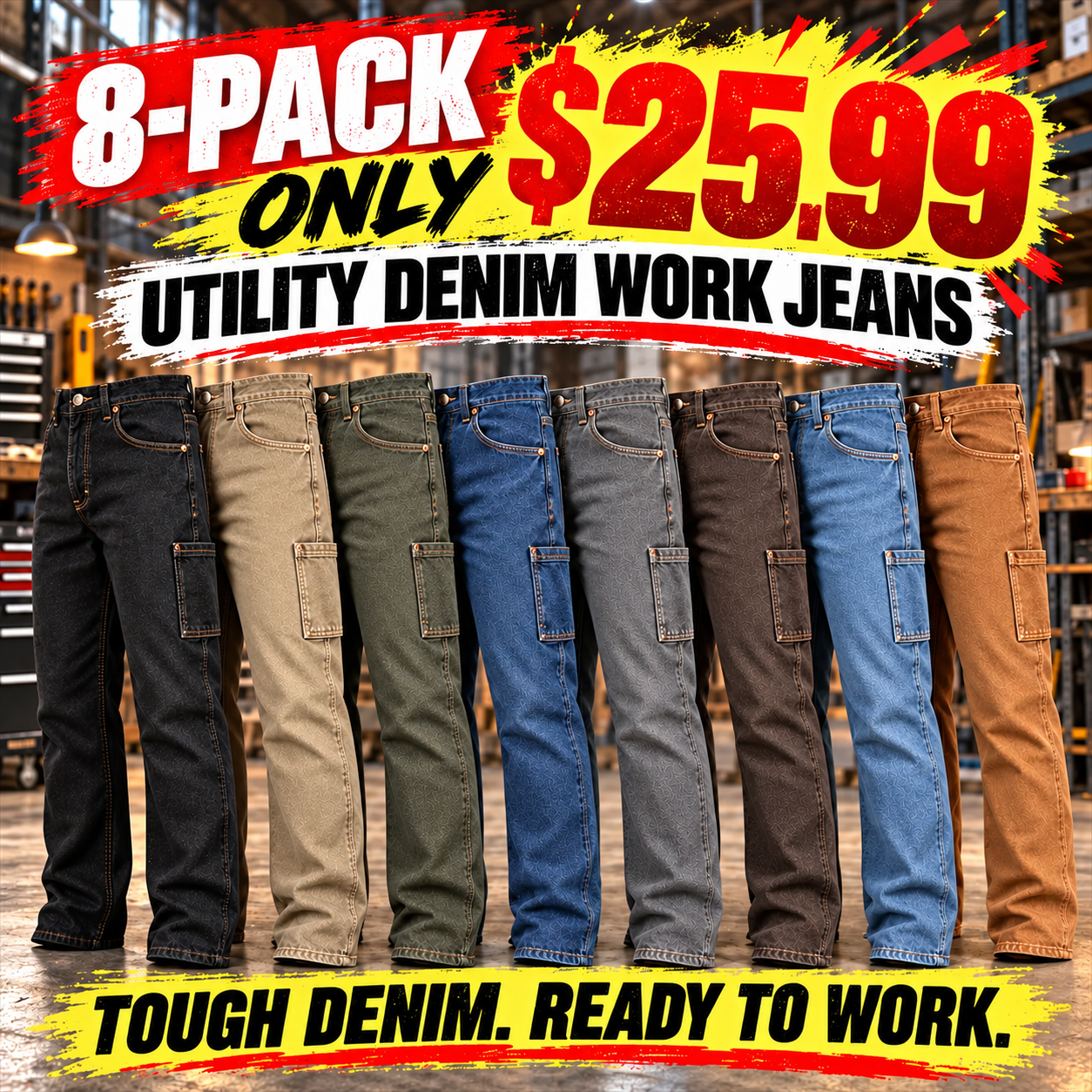 Men's Utility Denim Work Jeans with Gusset & Phone Pocket Multipacks