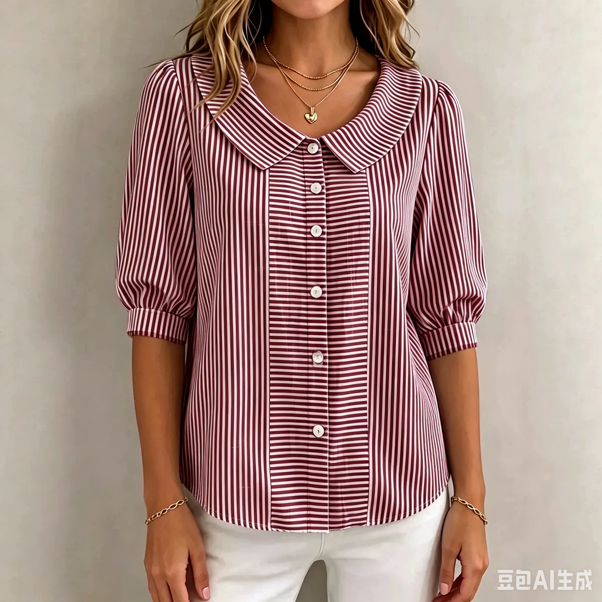 Women’s Peter Pan Collar Striped Button-Up Blouse with Puff Sleeves