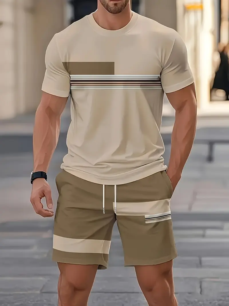 Cream khaki mens matching tee and shorts reference