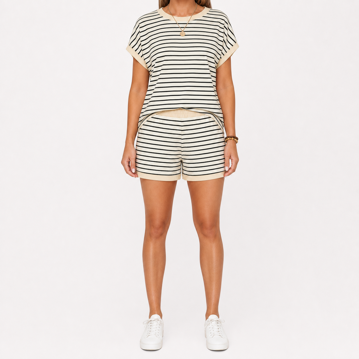 Women's Striped Contrast-Trim Top & Shorts Lounge Set