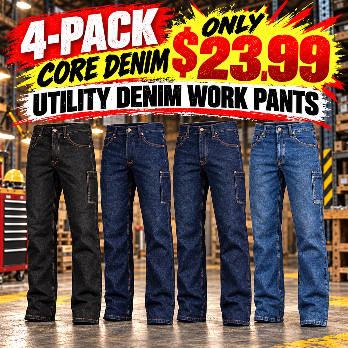 Men's Utility Denim Work Jeans with Gusset & Phone Pocket Multipacks - 4-Pack - Core Denim - $23.99