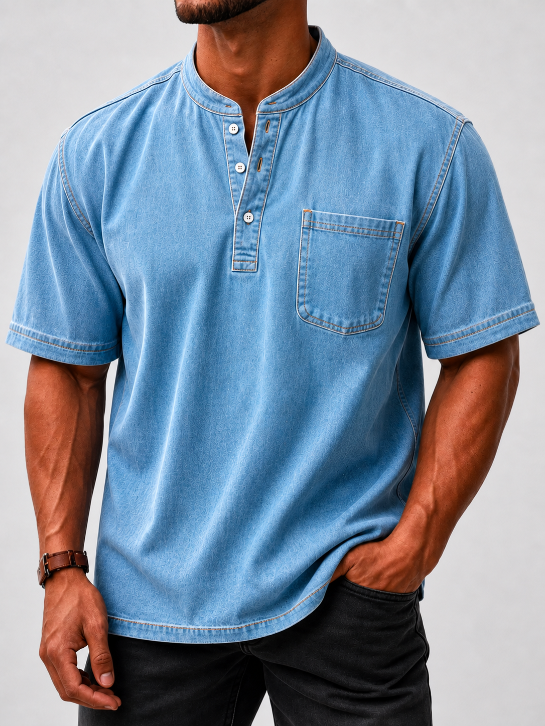Limited Deal 8-Pack Men's Washed Stand Collar Henley Shirts, Short Sleeve Relaxed Fit Pocket Tops