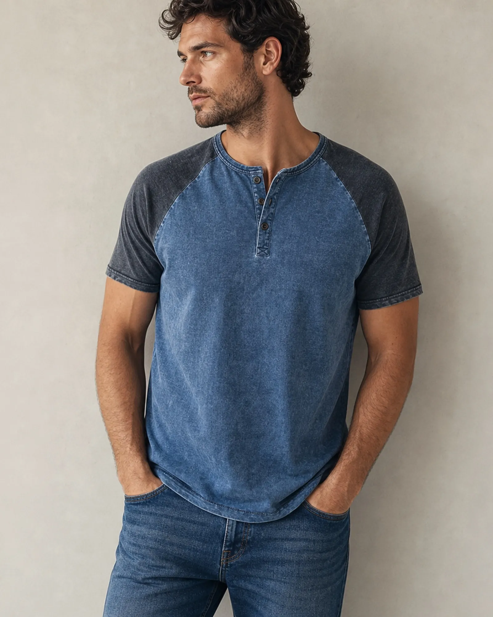 Blue charcoal washed raglan henley model