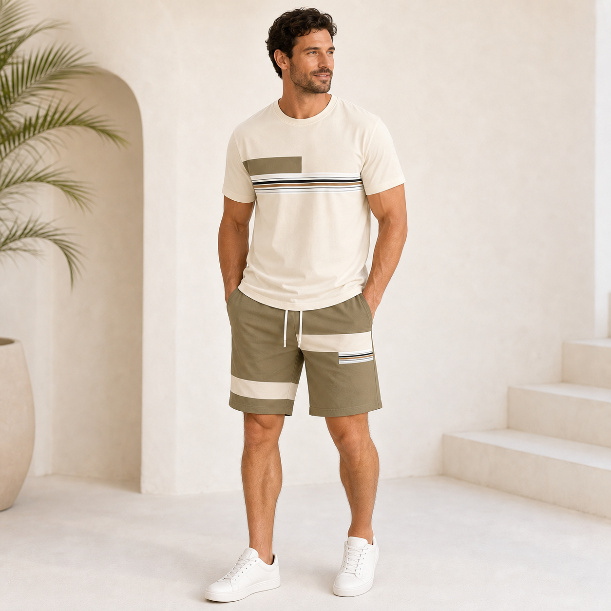 Cream Khaki single color mens summer matching set model