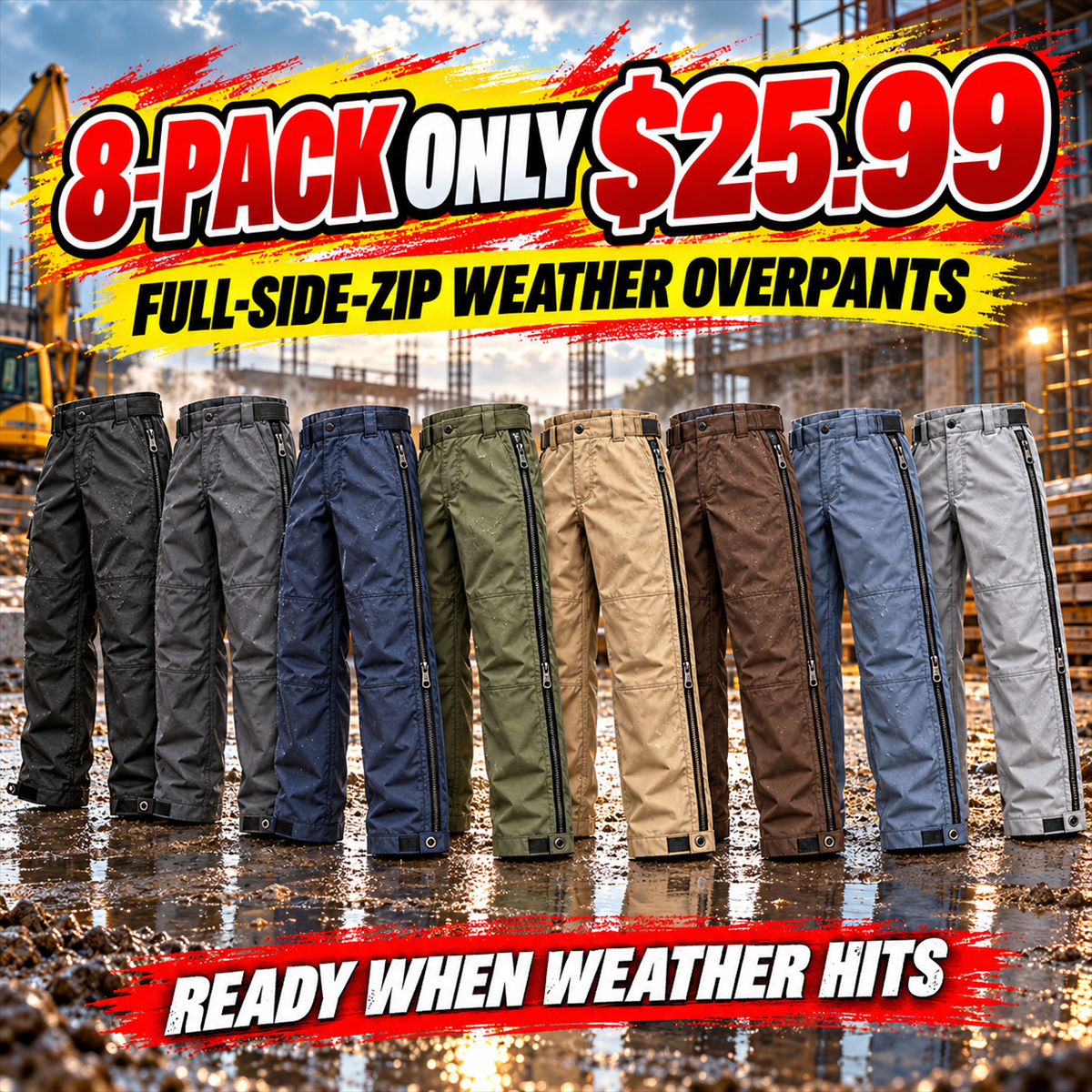 Men's Full-Side-Zip Weather Overpants Multipacks 8-pack $25.99