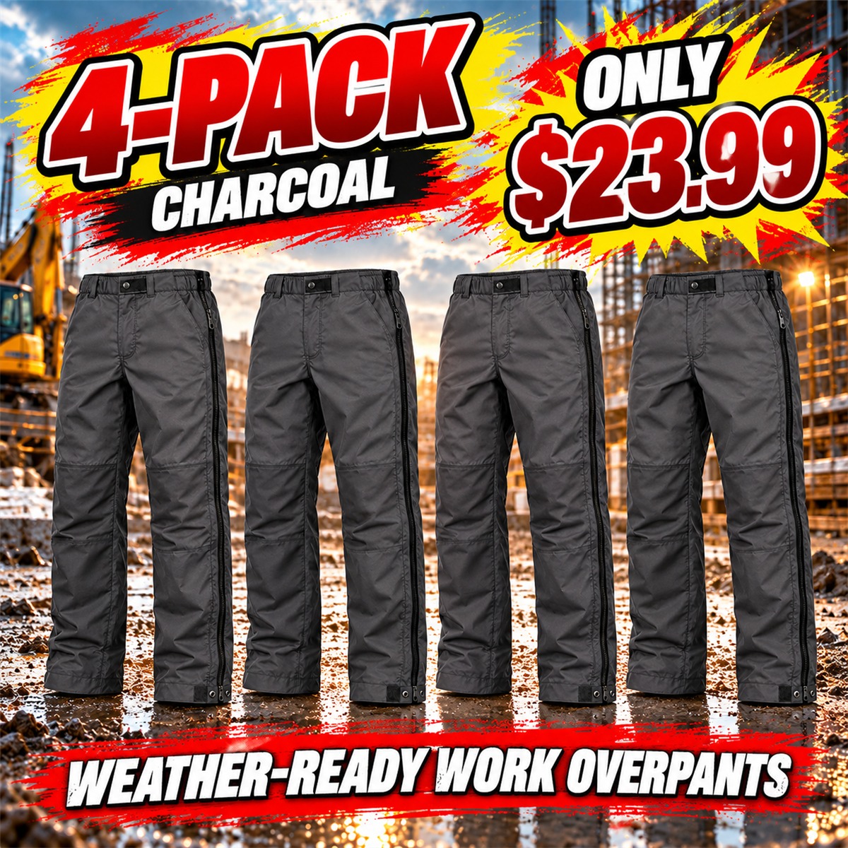 Men's Full-Side-Zip Weather Overpants Multipacks - 4-Pack - Charcoal - $23.99