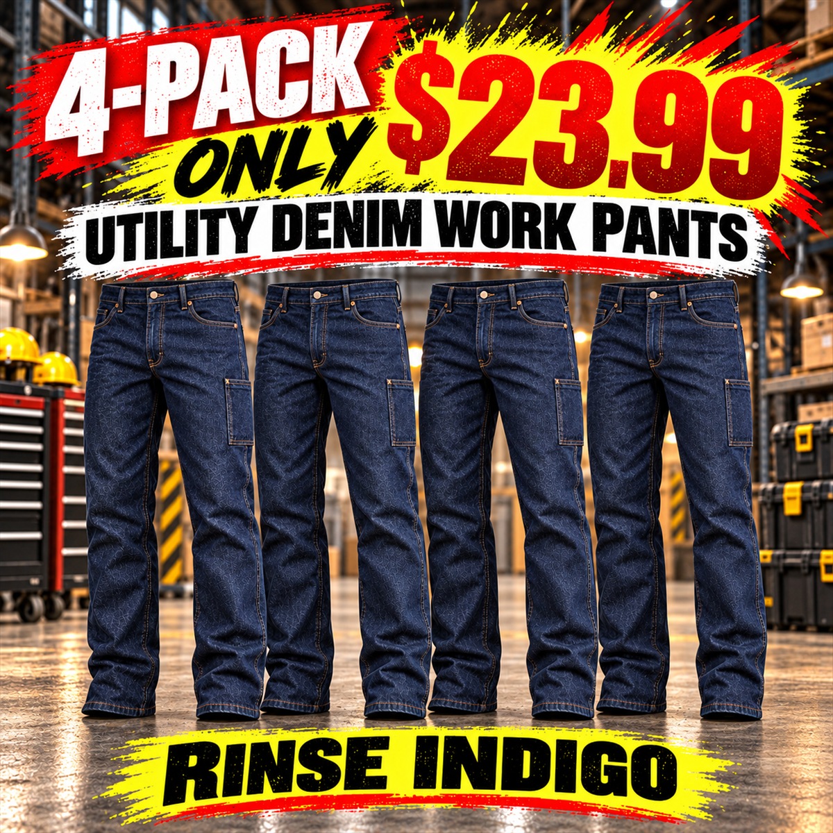 Men's Utility Denim Work Jeans with Gusset & Phone Pocket Multipacks - 4-Pack - Rinse Indigo - $23.99