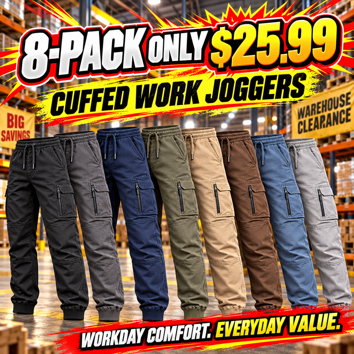 Men's Mature Cuffed Work Joggers Multipacks 8-pack $25.99