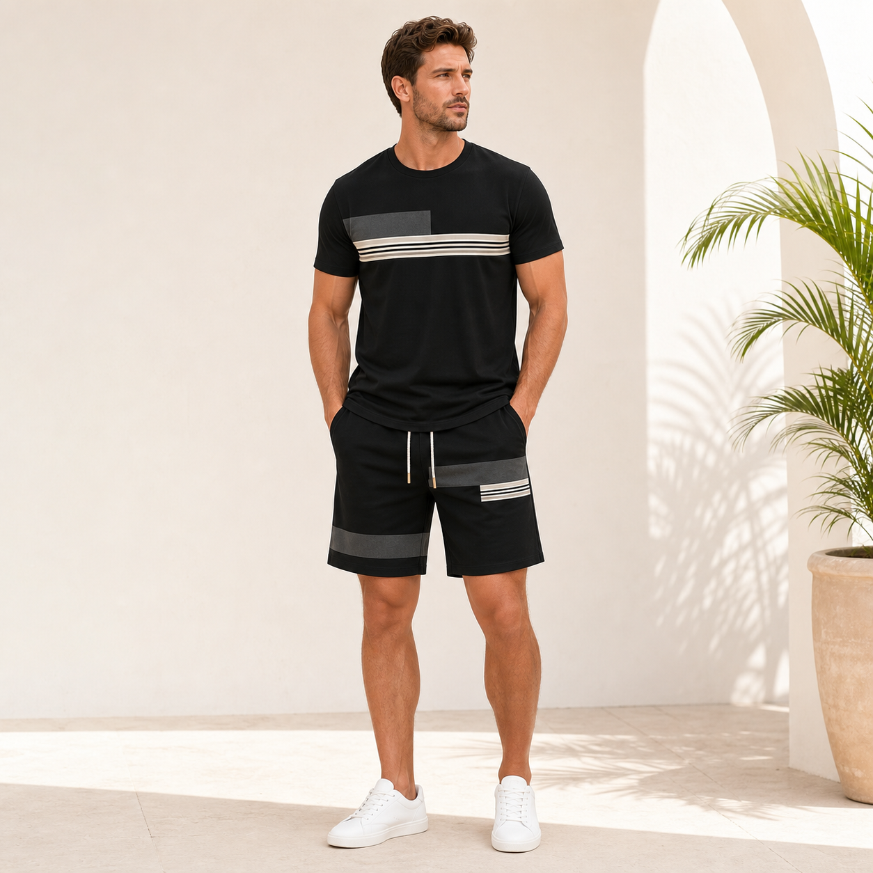 Black single color mens summer matching set model