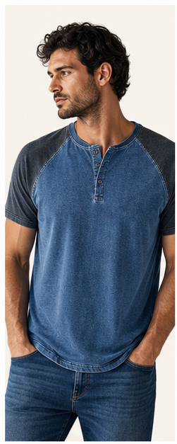 Blue washed raglan henley model