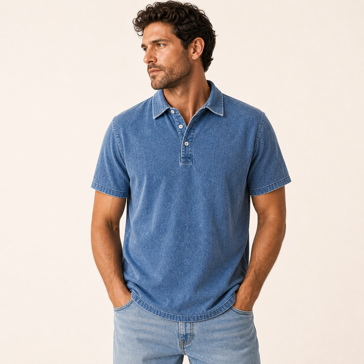 Washed Blue single color washed denim polo model