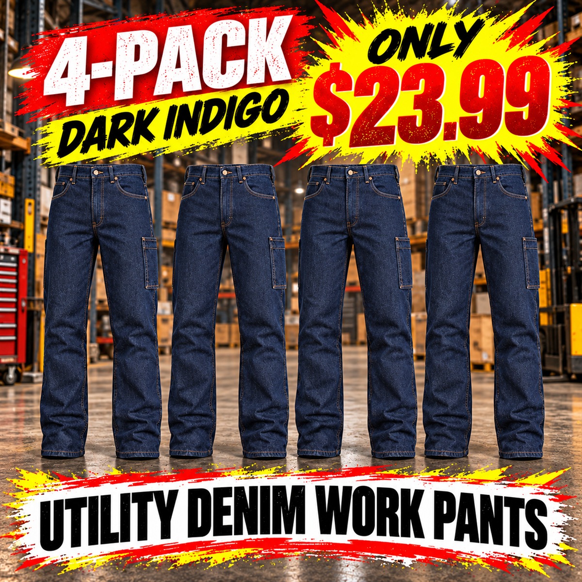 Men's Utility Denim Work Jeans with Gusset & Phone Pocket Multipacks - 4-Pack - Dark Indigo - $23.99