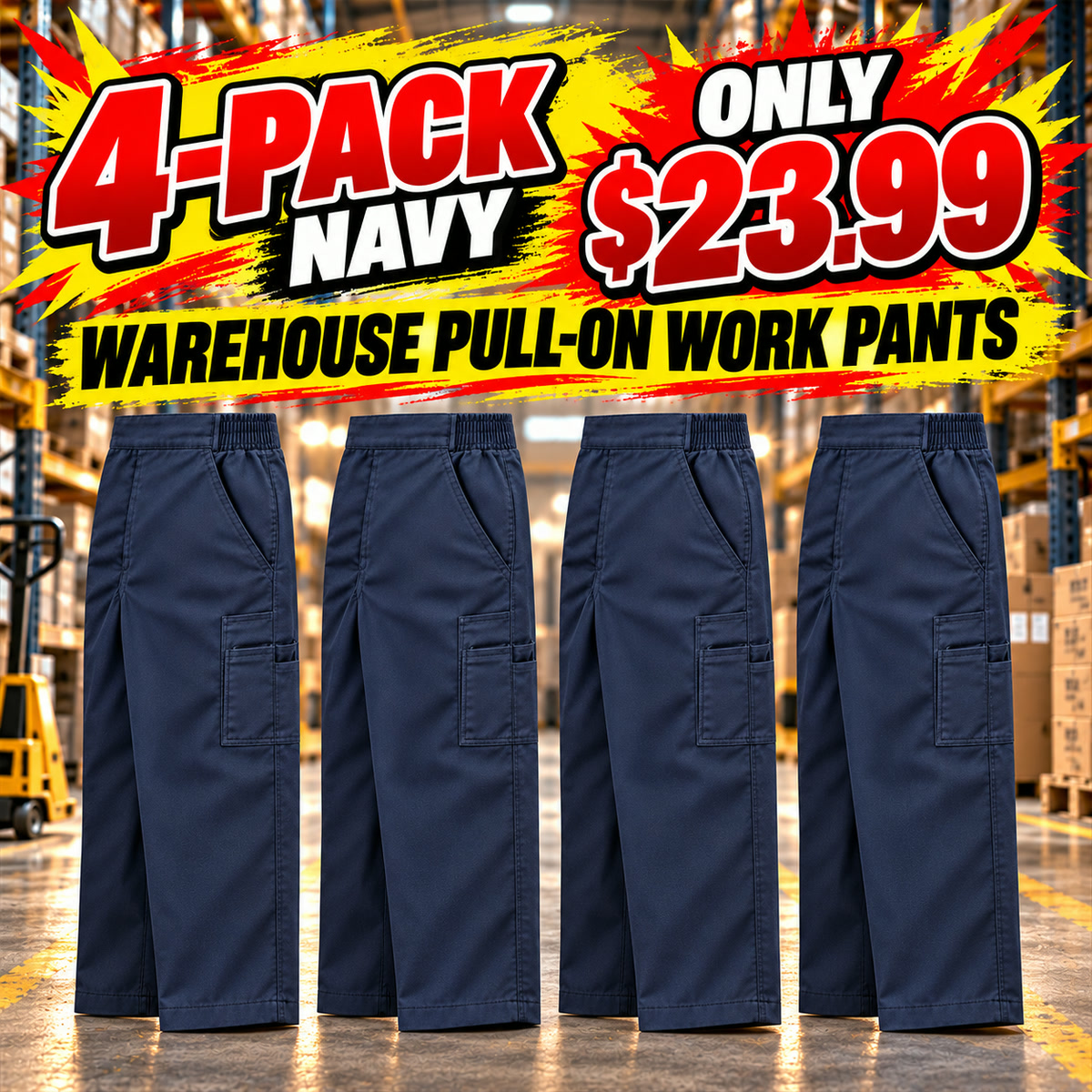 Men's Side-Elastic Pull-On Warehouse Work Pants Multipacks - 4-Pack - Navy - $23.99
