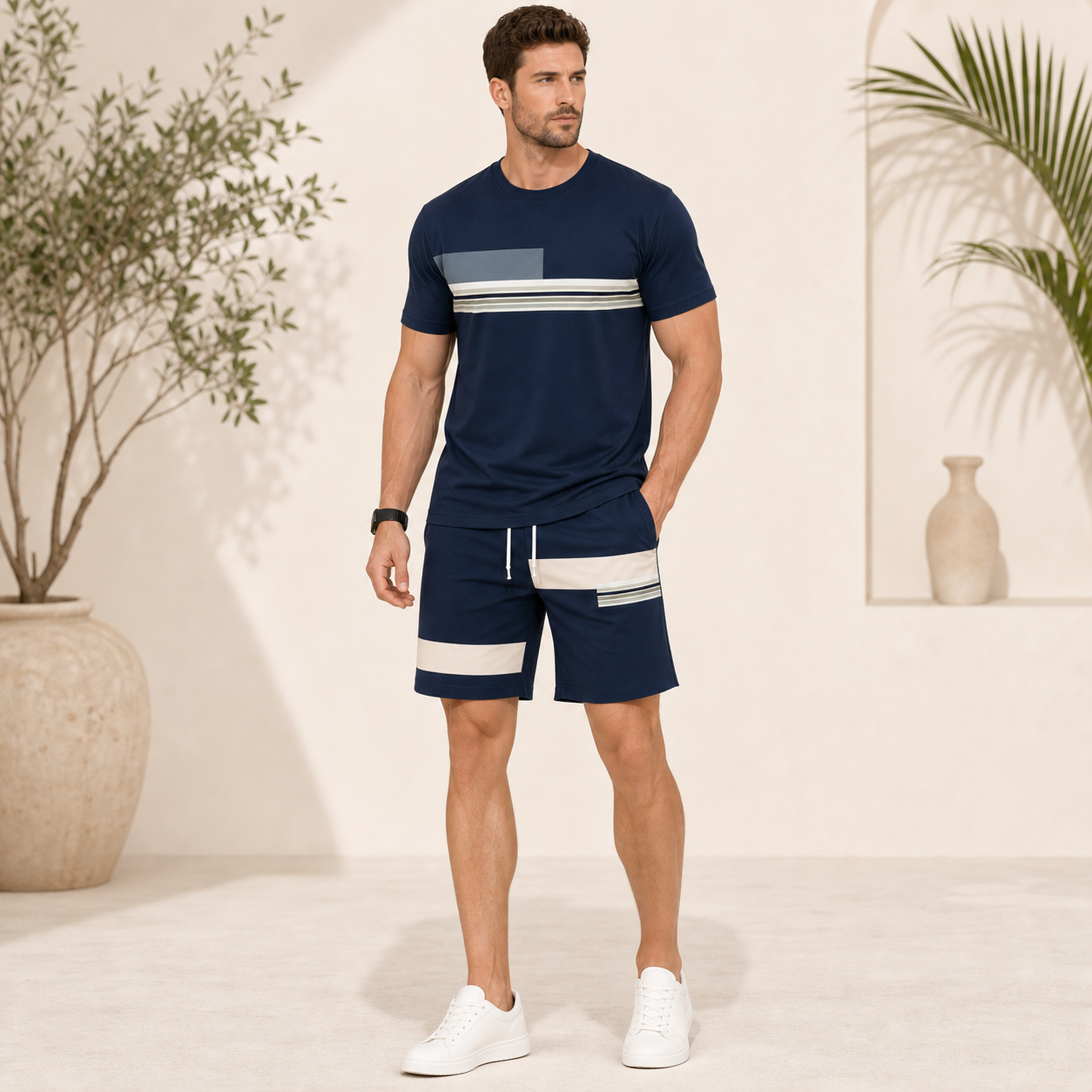 Navy single color mens summer matching set model
