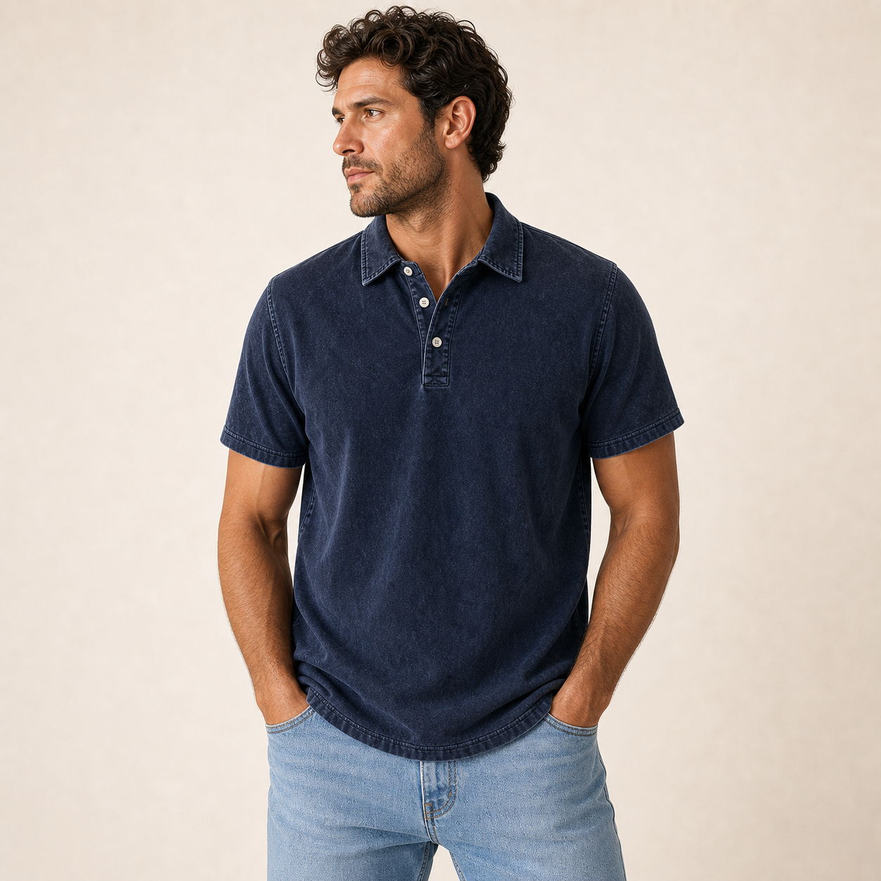 Navy single color washed denim polo model