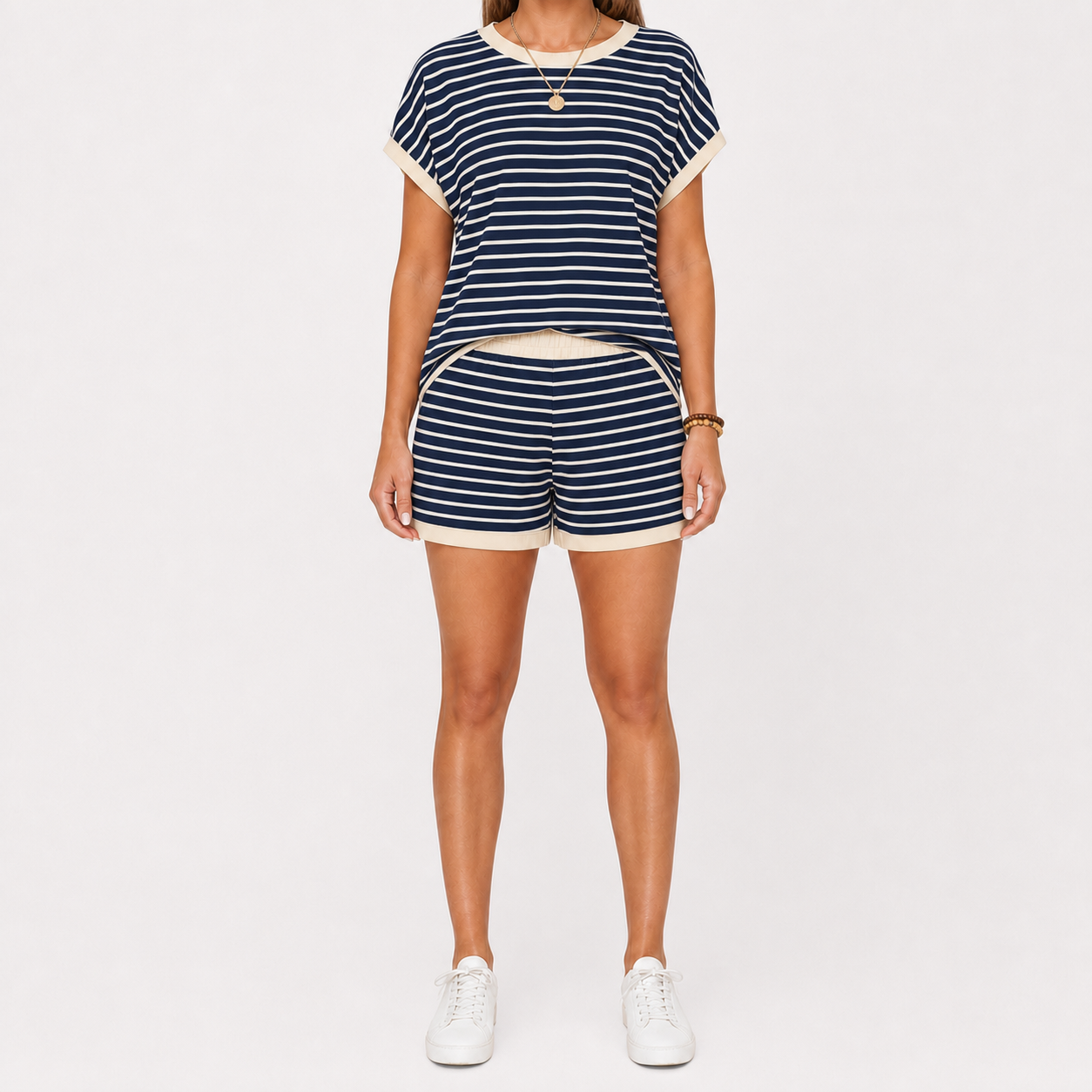 Women's Striped Contrast-Trim Top & Shorts Lounge Set