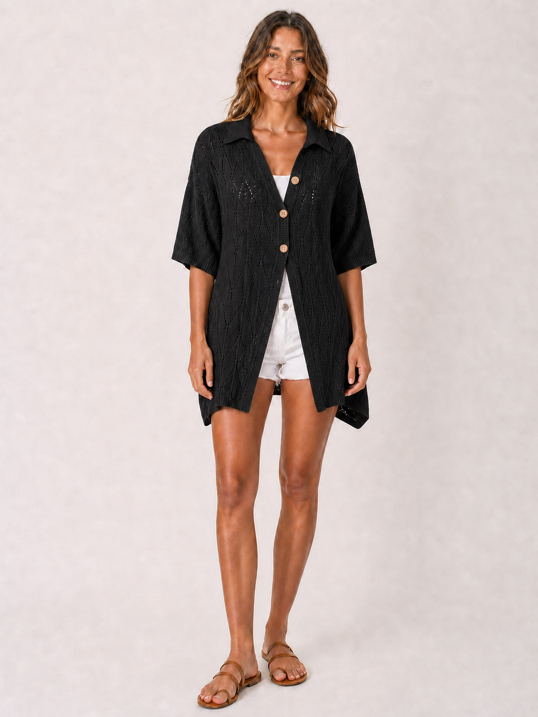 ⏰Seasonal Clearance Sale🔥Women's Longline Openwork Knit Collared Cardigan