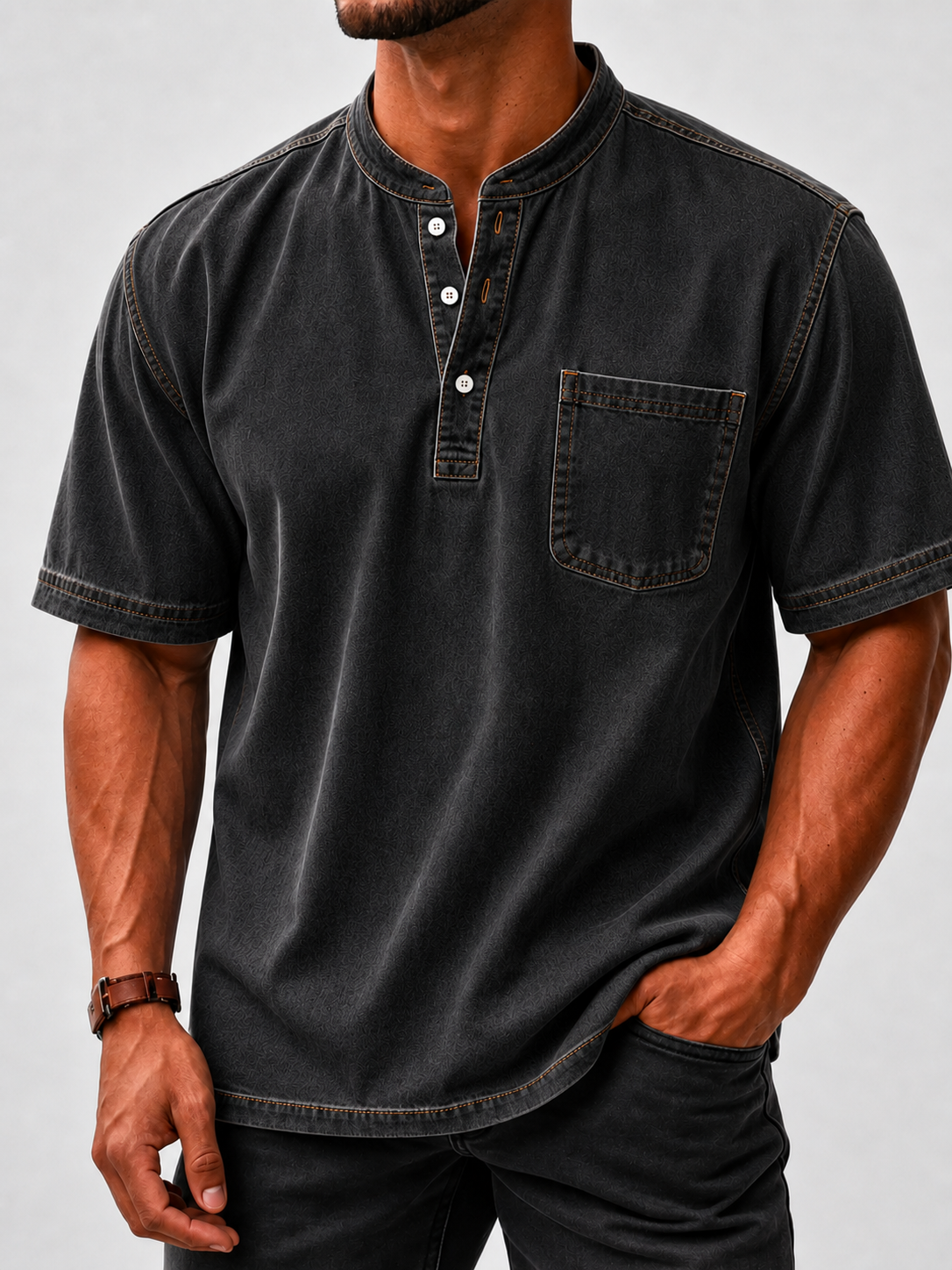 Limited Deal 8-Pack Men's Washed Stand Collar Henley Shirts, Short Sleeve Relaxed Fit Pocket Tops