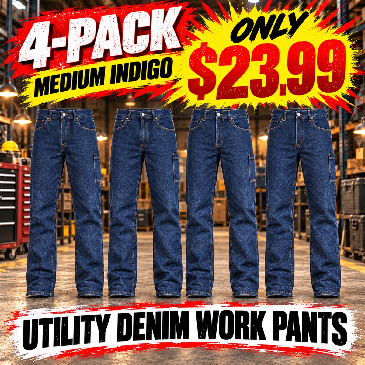 Men's Utility Denim Work Jeans with Gusset & Phone Pocket Multipacks - 4-Pack - Medium Indigo - $23.99