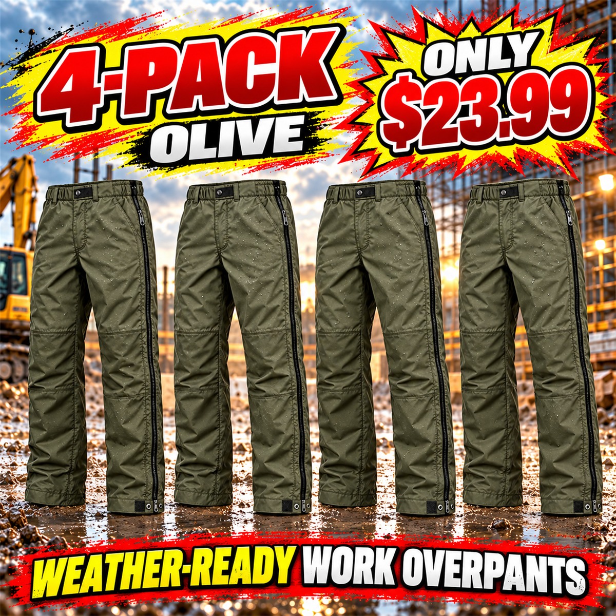Men's Full-Side-Zip Weather Overpants Multipacks - 4-Pack - Olive - $23.99