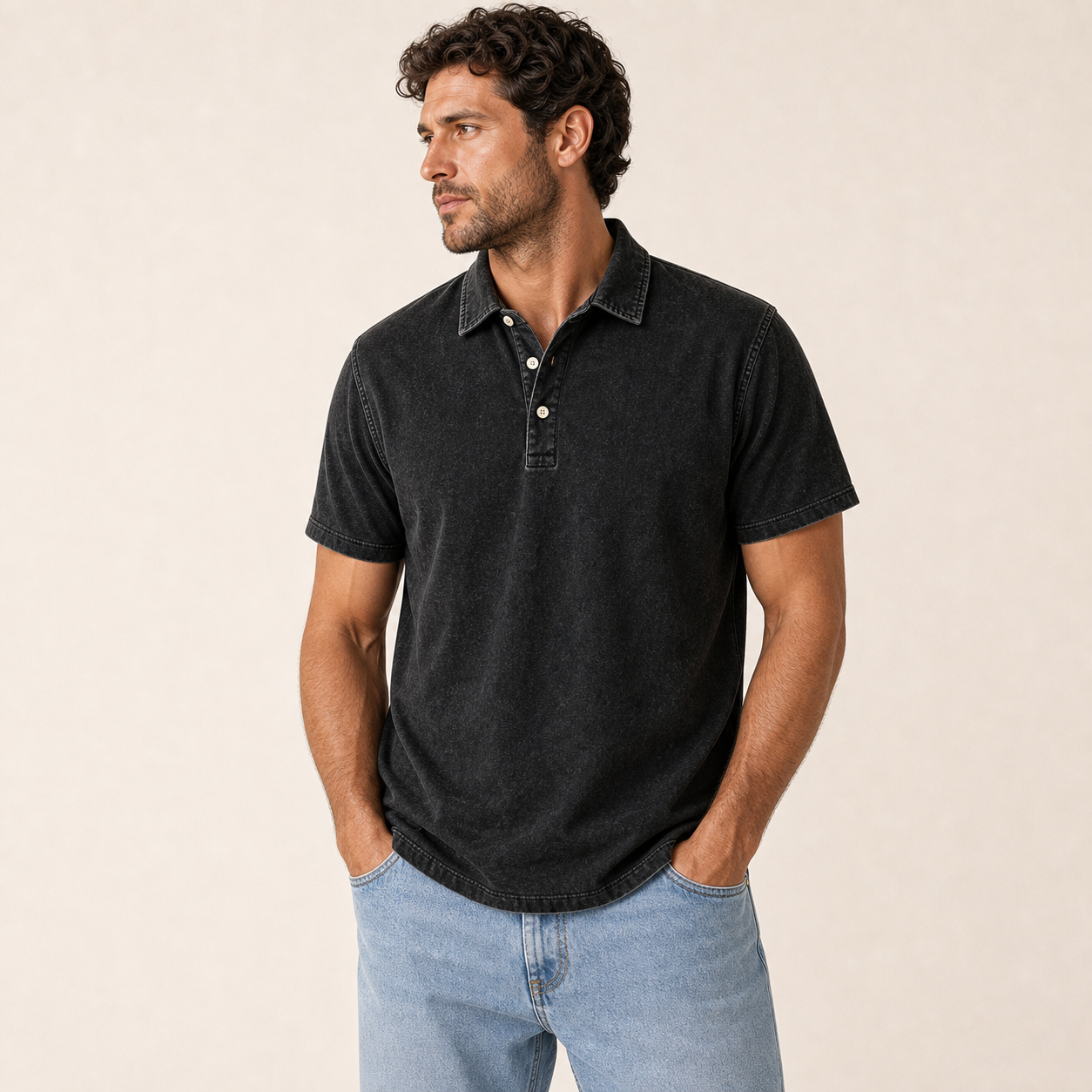 Black single color washed denim polo model